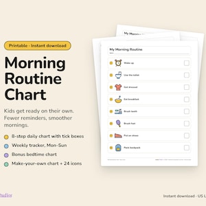 Peut inclure: Un tableau de routine matinale imprimable présentant une liste de tâches avec des icônes correspondantes et des cases à cocher vides. Le document inclut des étiquettes textuelles telles que Wake up, Use the toilet, Get dressed, Eat breakfast, Brush teeth, Brush hair, Put on shoes et Pack backpack.