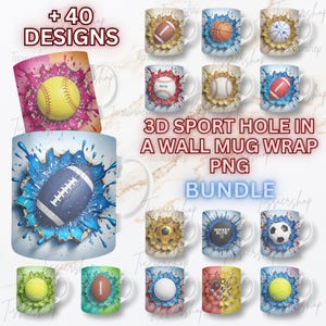 Peut inclure: Ensemble de tasses en céramique blanche avec des motifs de ballons de sport en 3D, dont football américain, basket-ball, baseball et football. Chaque tasse présente un effet de 'trou dans le mur'. Le texte indique '+40 DESIGNS' et '3D SPORT HOLE IN A WALL MUG WRAP PNG BUNDLE'.