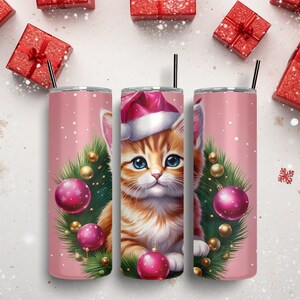 3D Pink Cat Christmas , 20oz Tumbler Sublimation Design, Straight Tapered Tumbler Wrap, Instant PNG Digital Download