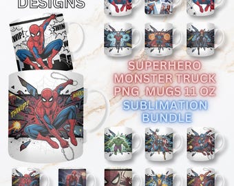 Zestaw do pakowania kubków z superbohaterami PNG, wzory sublimacyjne Spider-Mana, 11 uncji 15 uncji, słodka ciężarówka Monster Truck dla chłopców, prezent świąteczny, kubek do pobrania w wersji cyfrowej