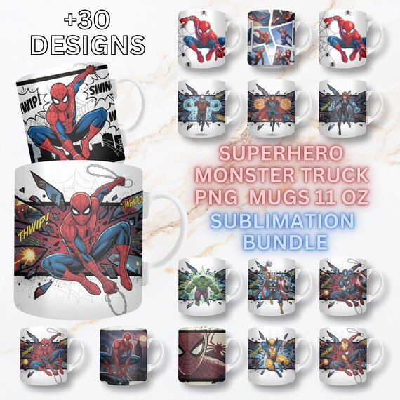 Superhero Mug Wrap Bundle PNG, Spider-Man Sublimation Designs, 11oz 15oz, Kids Boys Monster Cute Truck, Christmas Gift, Digital Download Mug