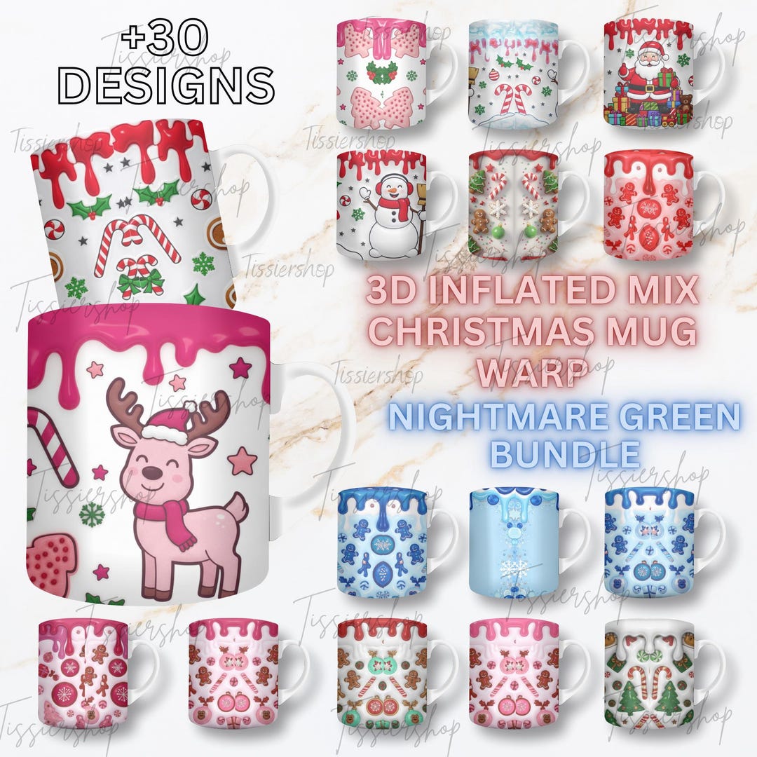 3D Christmas Mug Wrap Bundle PNG, +30 Inflated Puffy Sublimation ...