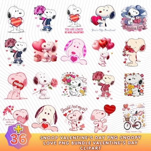 May include: A collection of Snoopy-themed Valentine's Day clipart. The images feature Snoopy holding hearts, flowers, and balloons. Some images include text such as "You are loved! Be mine, Valentine!" and "Should I text my ex?" The clipart is in a PNG format.