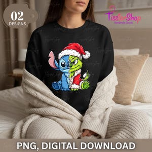 May include: Black sweatshirt featuring a split design of Stitch and the Grinch wearing Santa hats and coats. The image includes the text "02 DESIGNS" and "PNG, DIGITAL DOWNLOAD". The sweatshirt is a digital download.