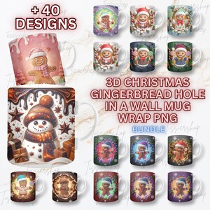 Peut inclure: Plusieurs tasses en céramique avec des motifs de Noël, notamment des bonhommes en pain d'épices et des bonhommes de neige. Les tasses présentent des motifs festifs et le texte "+40 DESIGNS" et "3D CHRISTMAS GINGERBREAD HOLE IN A WALL MUG WRAP PNG BUNDLE".