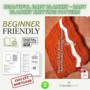 Peut inclure: Une couverture pour bébé tricotée orange et blanche, avec un patron facile pour débutants. L'image comprend un téléchargement PDF numérique, des instructions et le texte "Beautiful Baby Blanket - Baby Blanket Knitting Pattern."
