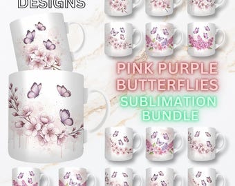 Pink Purple Butterfly Mug Wrap PNG, Watercolor Floral Sublimation Bundle, Cherry Blossom Coffee Cup for 11oz 15oz, Gift for Her,Mom Gift Mug