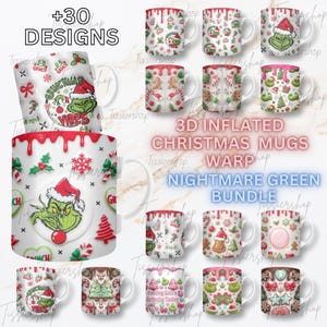 Può includere: Una collezione di tazze natalizie in ceramica bianca con vari disegni, tra cui il Grinch, omini di pan di zenzero e motivi festivi. Le tazze presentano accenti rossi e rosa, con il testo "3D Inflated Christmas Mugs Warp Nightmare Green Bundle" e "+30 Designs".