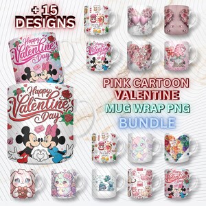 Peut inclure: Plusieurs tasses en céramique blanches avec des motifs sur le thème de la Saint-Valentin. Les tasses présentent des personnages de dessins animés, des cœurs et le texte "Happy Valentine's Day". L'image comprend également le texte "+15 DESIGNS" et "MUG WRAP PNG BUNDLE."