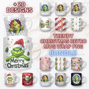 Peut inclure: Plusieurs tasses en céramique blanches avec divers motifs sur le thème de Noël mettant en vedette le Grinch. Les tasses affichent le texte "Merry Christmas" et "+20 Designs". L'image comprend également le texte "Trendy Christmas Retro Mug Wrap PNG Bundle".