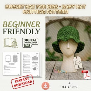 Peut inclure: Un patron de tricot de chapeau cloche vert pour enfants, présenté sur une tête de mannequin. L'image comprend le texte "Beginner Friendly" et "Digital Download PDF". Le patron est pour un chapeau de bébé. L'image comprend également le texte "Instant Download".