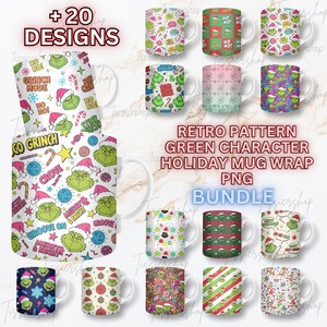 Peut inclure: Plusieurs tasses en céramique blanche avec des motifs sur le thème des fêtes. Les tasses présentent un personnage vert avec un bonnet de Père Noël, des cannes en bonbon et le texte "Grinch Mode". L'image comprend également le texte "+20 DESIGNS" et "BUNDLE".