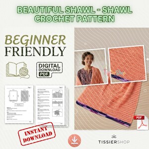 Peut inclure: Un patron de crochet PDF numérique pour un beau châle. L'image montre un châle de couleur corail avec une bordure violette et bleue, une femme portant le châle et des instructions. Le texte comprend "Beginner Friendly" et "Instant Download."