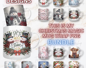 May include: A collection of white ceramic mugs with various Christmas-themed designs. The mugs feature snowmen, festive decorations, and the text "It's the Most Wonderful Time of the Year." The image also includes the text "+20 DESIGNS" and "THIS IS MY CHRISTMAS MAGIC MUG WRAP PNG BUNDLE."