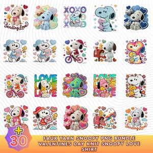 以下が含まれることがあります： バレンタインデー向けの、30個のフェイクヤーンスヌーピーPNGデザインのコレクション。ハート、カップケーキ、テキスト「Sending Love」と「XOXO」をあしらった、さまざまなポーズのスヌーピーの画像。シャツに適しています。