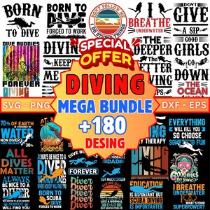 Scuba Diving & Swimming Mega Bundle – 180+ PNG SVG Files, Diver Clipart, Freediving Silhouette, Ocean Lover, Pool Sports Graphics Digital