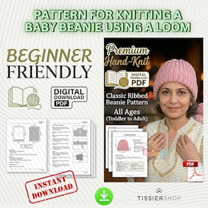 Peut inclure: Patron PDF numérique pour tricoter un bonnet pour bébé avec un métier à tisser. Le patron est adapté aux débutants et comprend des instructions pour tous les âges, de l'enfant à l'adulte. L'image montre une femme portant un bonnet rose.