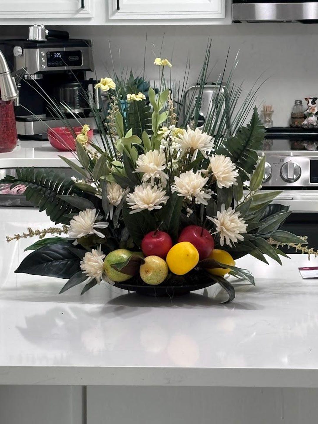 Farmhouse Floral and Fruit Centerpiece-cream Chrysanthemums, Apples ...