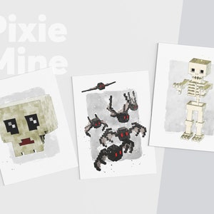 Halloween Postkarten, Pixel Karten, 3er Set, Blocks Art, Instant Download, Print Decor