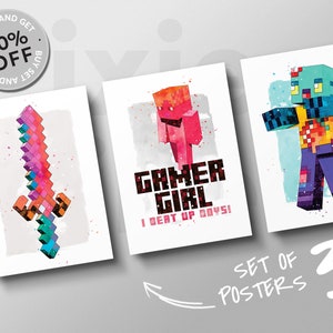 Gamer Posters Set, Mine Game Girl And Sword, Set Of 3, Colorful Minecraft Theme, Game Room Decor, Birthday Gift | DIGITAL DOWNLOAD