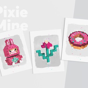 Pixel Game Character, Printable Postcards, Set Of 3, Pink Blocks Art, Instant Download, Cards Print