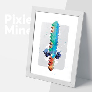 Mine Game Sword, Pixel Poster, Block Art, Instant Digital Print, Fighter Theme, Gamer Room Wall Decor