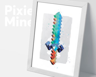 Mine Game Sword, Pixel Poster, Block Art, Instant Digital Print, Fighter Theme, Gamer Room Wall Decor