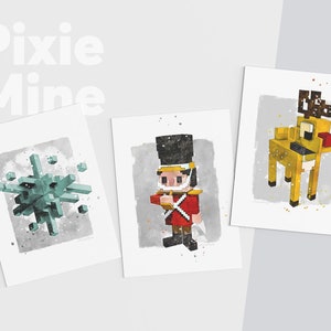 Weihnachten Pixel Art, druckbare Postkarten, 3er-Set, Blöcke Kunst, Sofortiger Download, Print Rentier-Dekor