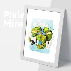Pixel World Poster, Mine Game Print, Floating Island, Digital Download, Green Land Theme Poster, Kids Room