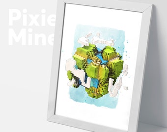 Pixel World Poster, Mine Game Print, Floating Island, Digital Download, Green Land Theme Poster, Kids Room