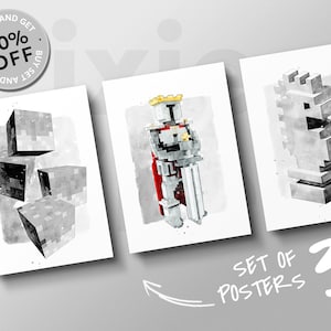 Peut inclure: Ensemble de trois affiches présentant de l'art pixélisé. L'une montre des cubes empilés, une autre un chevalier avec une cape rouge et une épée, et la troisième un pion d'échecs. Les affiches sont en niveaux de gris avec des effets d'aquarelle. Le texte "SET OF POSTERS 3" est visible.
