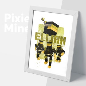 Ninja Poster, Gamer Name Print, Sketch Style Pixels, Personalized Room Decor, Miner Gift