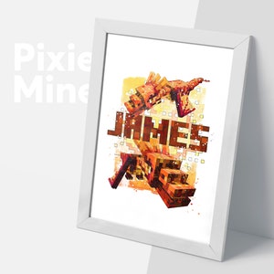 Dragon Mine Game Print, Gamer Name Poster, Sketch Style Cubes, Personalized Teenager Room, Miner Gift