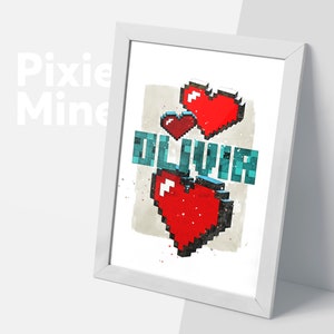 Pixel Name Poster, Würfel Herz, Digitaldruck, personalisiertes Mädchenzimmer, Bergmann Geschenk