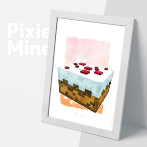 Pixel Cake Poster, Mine Game Print, Digital Download, Cube Theme Poster, Kids Room