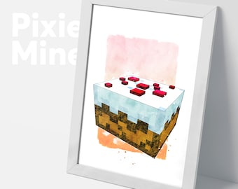 Pixel Cake Poster, Mine Game Print, Digital Download, Cube Theme Poster, Kids Room