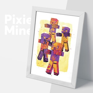 May include: A watercolor painting of four pixelated figures stacked on top of each other. The figures are in shades of orange, yellow, and purple. The background is a light yellow with white splatters.