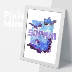 Pixel Game Bird Print, Gamer Name Art, Sketch Style Poster, Blue Cubes, Personalized Room Decor, Miner Gift