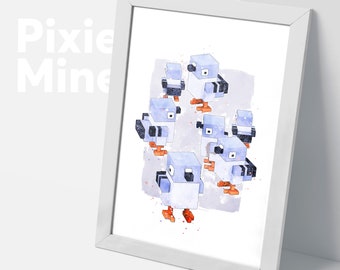 Pixel Pigeons Poster, Block Game Print, Digital Download, Birds Theme Poster, Kids Room