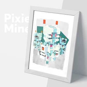 Pixel Game Robots, Sketch Art Poster, Digital Download, Cubes Theme Poster, Boys Room Wall Decor