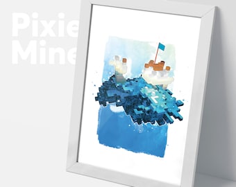 Cube Island Poster, Pixel Game Print, Digital Download, Cube Land Theme Poster, Kids Room