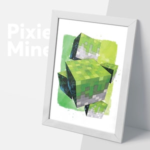 Green Pixel Blocks, Mine Game Print, Digital Download, Green Land Theme Poster, Kids Room