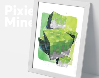Green Pixel Blocks, Mine Game Print, Digital Download, Green Land Theme Poster, Kids Room