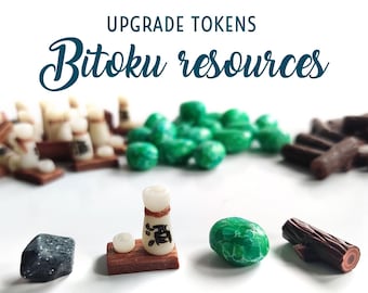 Fichas de recursos para el juego de mesa Bitoku: Jade, Madera, Piedra y Sake (juego de 72 piezas)