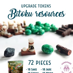 Bitoku board game resource tokens. Set of 72 pieces. Contains 18 Jade tokens, 18 Wood tokens, 18 Stone tokens, 18 Sake tokens.