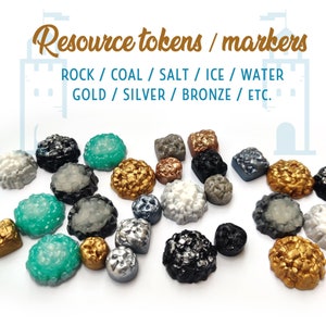 Board game resources markers, tabletop game tokens - Gold / Silver / Iron / Water / Salt / Ice / Stone / Copper etc.