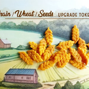 Könnte beinhalten: Goldgelbe, weizenförmige Spielsteine, die auf einer gemalten Landschaft eines Bauernhofs verstreut sind. Die Spielsteine sind mit "Grain / Wheat / Seeds UPGRADE TOKENS" in brauner Schrift beschriftet. Der Hintergrund zeigt ein Aquarellgemälde einer ländlichen Szene mit Scheunen und Feldern.