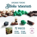 Bitoku board game resource tokens. Set of 72 pieces. Contains 18 Jade tokens, 18 Wood tokens, 18 Stone tokens, 18 Sake tokens. product logo