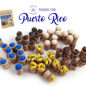 Upgrade tokens for Puerto Rico game - Miniature bags with corn, sugar, tobacco, coffee, indigo.