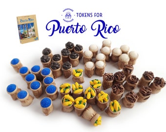 Upgrade tokens for Puerto Rico game - Miniature bags with corn, sugar, tobacco, coffee, indigo.